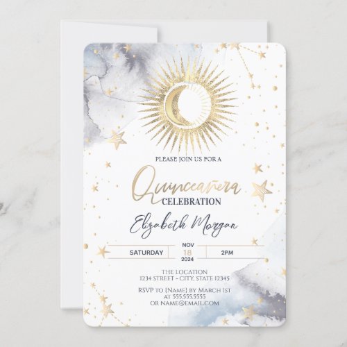 Celestial Gold SunMoonStars Quinceanera Invitation