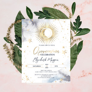 Celestial Gold Sun,Moon,Stars Quinceanera Invitation