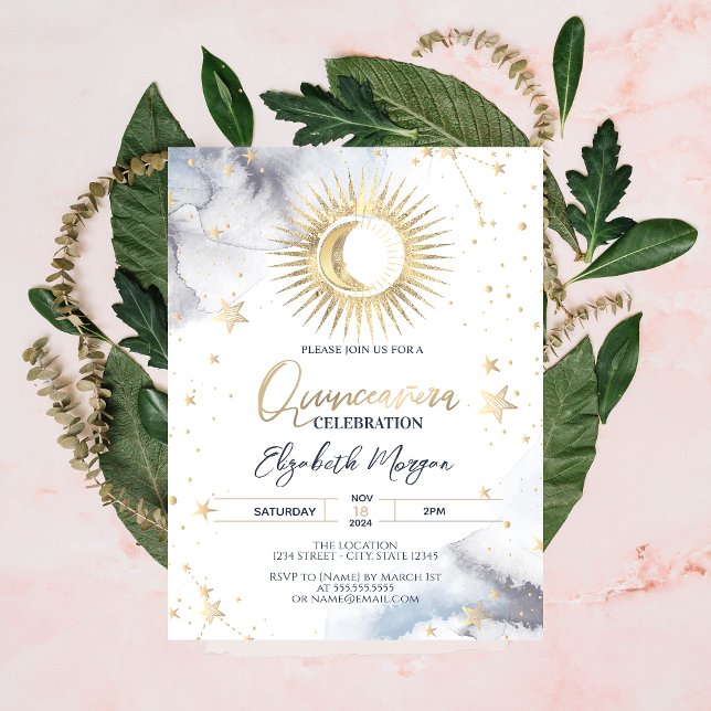 Celestial Gold Sun,Moon,Stars Quinceanera Invitation (Creator Uploaded)