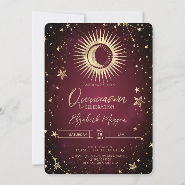 Celestial Gold Sun Moon Stars Red Quinceanera Invitation (Front)