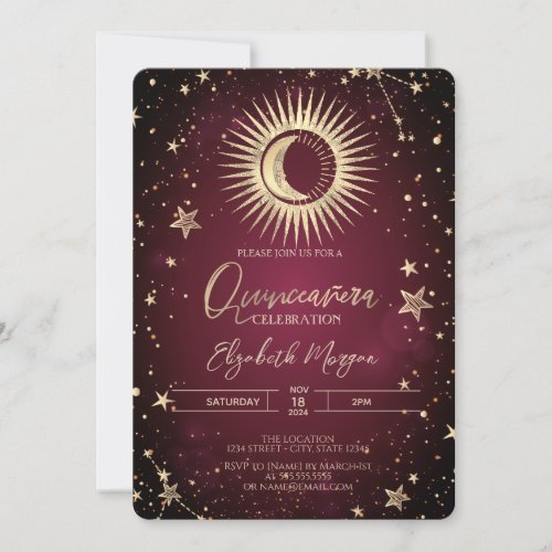 Celestial Gold Sun Moon Stars Red Quinceanera Invitation