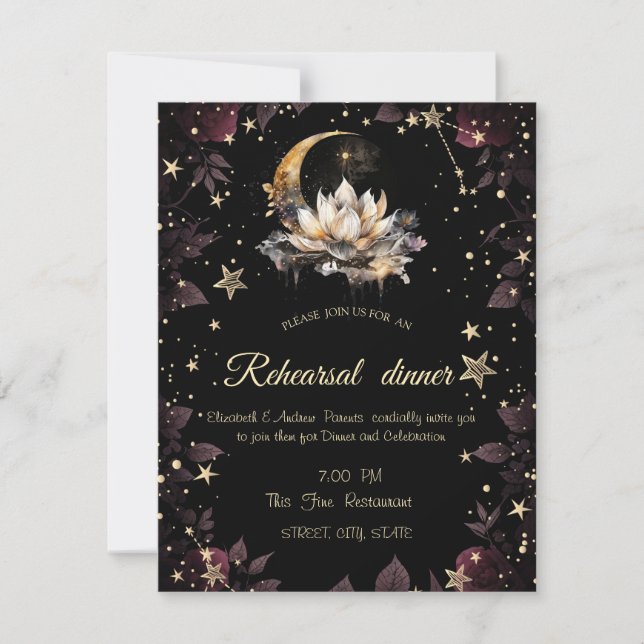 Celestial Gold Sun,Moon,Stars Roses Night Sky Invitation (Front)