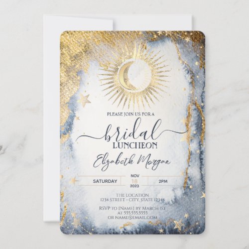 Celestial Gold SunMoonStars Watercolor Bridal  Invitation
