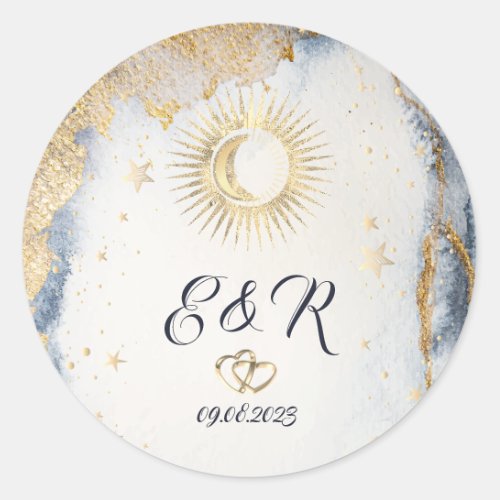 Celestial Gold SunMoonStars Watercolor  Classic Round Sticker