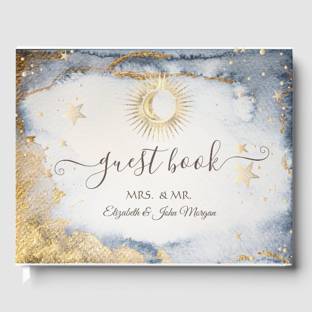 Celestial Gold Sun,Moon,Stars Watercolor  Guest Book (Front)