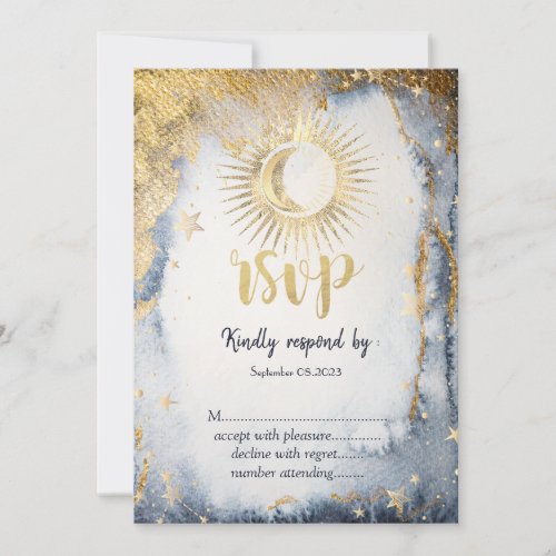 Celestial Gold SunMoonStars Watercolor  RSVP   Invitation