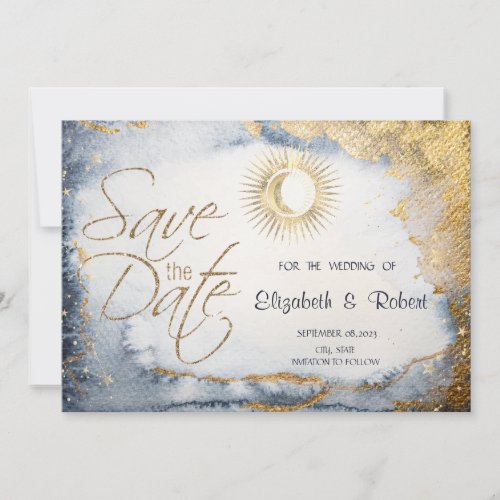 Celestial Gold SunMoonStars Watercolor  Save The Date