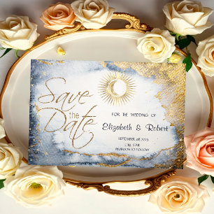 Celestial Gold Sun,Moon,Stars Watercolor Save The Date
