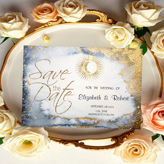 Celestial Gold Sun,Moon,Stars Watercolor  Save The Date (Creator Uploaded)