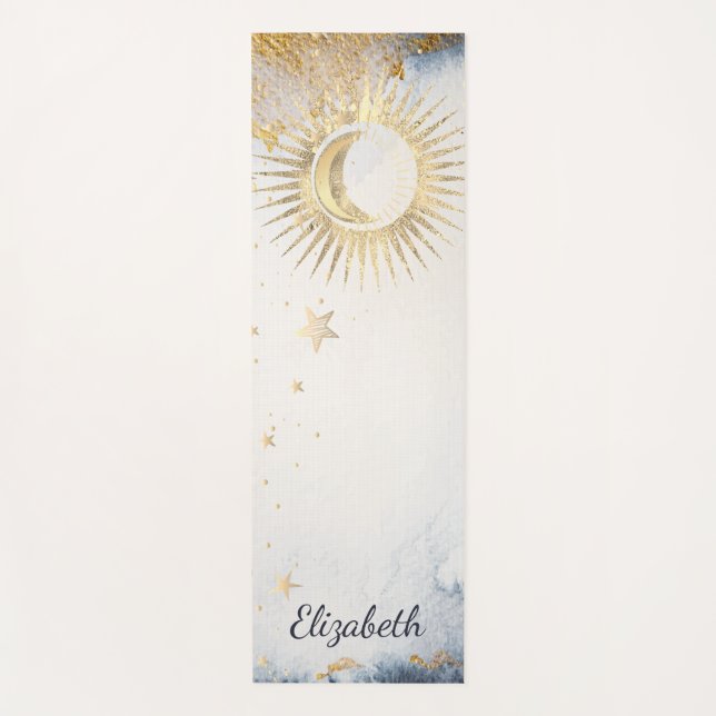 Celestial Gold Sun,Moon,Stars Watercolor  Yoga Mat (Front)