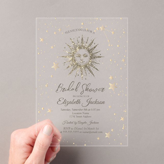 Celestial Gold Sun,Stars Navy Blue Bridal Shower Acrylic Invitations (Insitu (Handheld))