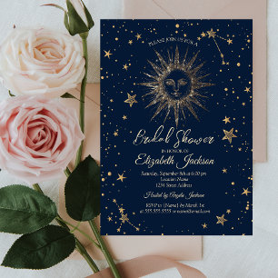Celestial Gold Sun,Stars Navy Blue Bridal Shower Invitation