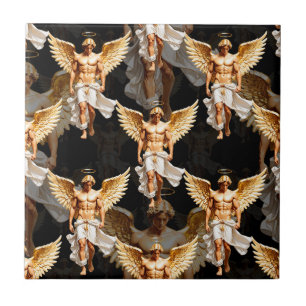 Celestial Golden Angels Pattern Design Ceramic Tile