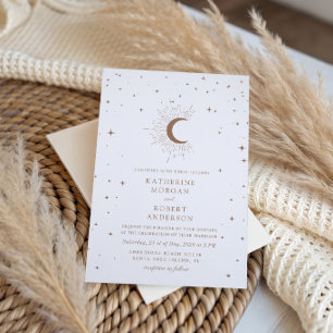 Celestial Golden Moon And Stars Wedding Letterpress Invitation