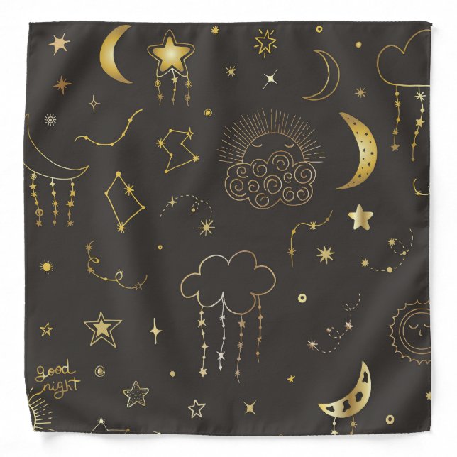 Celestial Golden Stars, Moon & Constellations Bandana (Front)