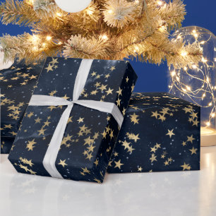 Celestial Golden Stars on Navy Galaxy Background Wrapping Paper