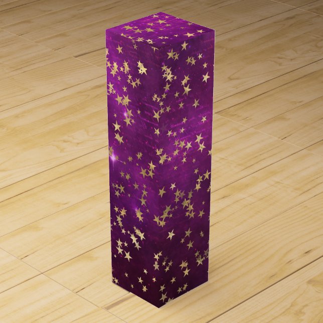 Celestial Golden Stars on Pink Galaxy Background Wine Box (Front)