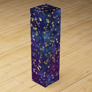 Celestial Golden Stars on Purple Galaxy Background Wine Box