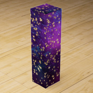 Celestial Golden Stars on Purple Galaxy Background Wine Box
