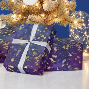Celestial Golden Stars on Purple Galaxy Background Wrapping Paper