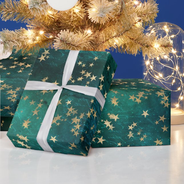 Celestial Golden Stars on Teal Galaxy Background Wrapping Paper (Holidays)