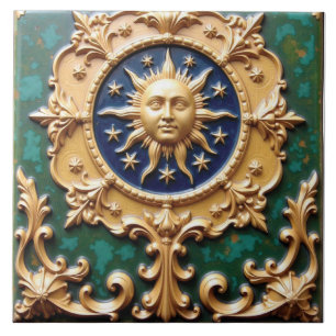 Celestial Golden Sun Plaque Ceramic Tile