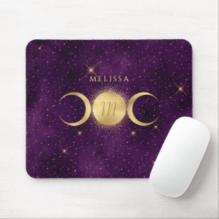 Celestial Golden Triple Moon Purple Monogram Mouse Pad