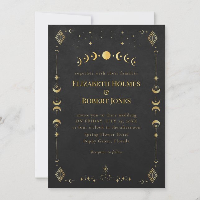 Celestial Gothic Black and Gold Wedding Invitation (Front)