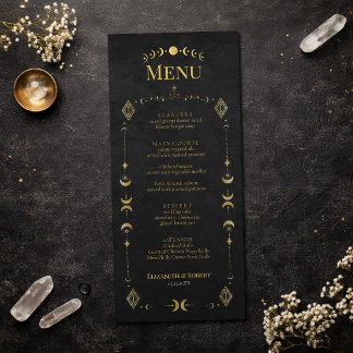 Celestial Gothic Black and Gold Wedding Menu Card