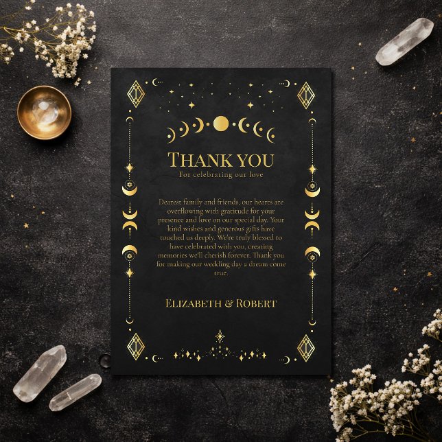 Celestial Gothic Black and Gold Wedding Thank You  Card (Celestial Gothic Black and Gold Wedding Thank You Card on an elegant dark table with dry flowers)