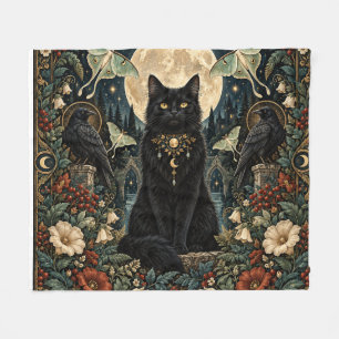 Celestial Gothic Black Cat with Moon and Ravens. Fleece Blanket