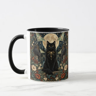 Celestial Gothic Black Cat with Moon and Ravens. Mug