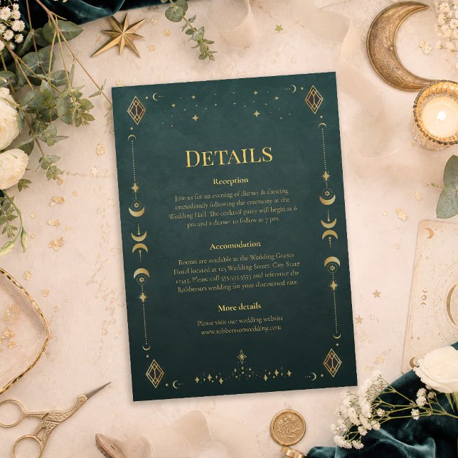 Celestial Gothic Dark Teal Wedding Details Card (Celestial Gothic Dark Teal Wedding Details Card on a table with dark teal wedding decor and flowers)