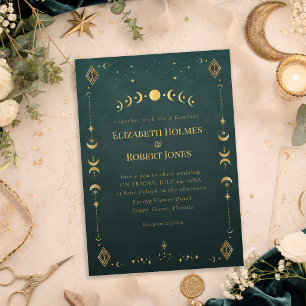 Celestial Gothic Dark Teal Wedding Invitation