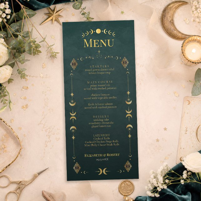 Celestial Gothic Dark Teal Wedding Menu Card (Celestial Gothic Dark Teal Wedding Menu Card with celestial wedding decor and flowers)