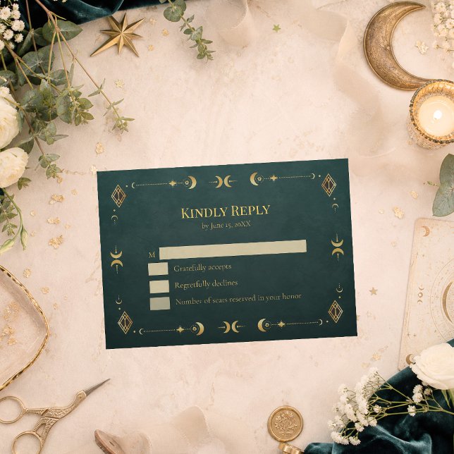 Celestial Gothic Dark Teal Wedding RSVP Card (Celestial Gothic Dark Teal Wedding RSVP Card on a table with golden celestial decor and flowers)