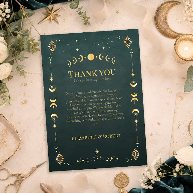 Celestial Gothic Dark Teal Wedding Thank You Card (Celestial Gothic Dark Teal Wedding Thank You Card on a table with dark teal wedding decor and flower)
