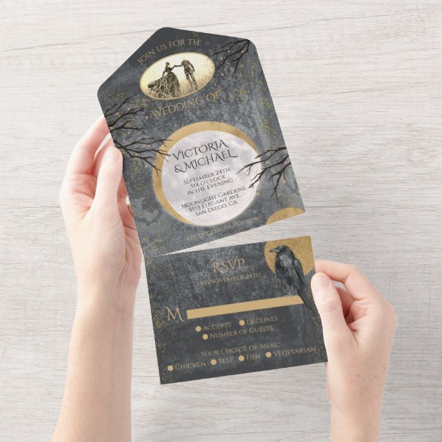 Celestial Gothic Full Moon Halloween Photo Wedding All In One Invitation (Tearaway)