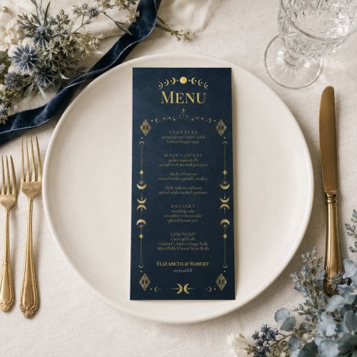 Celestial Gothic Midnight Blue Gold Wedding Menu