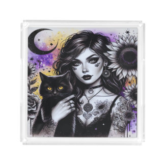 Celestial Gothic Witch and Black Cat Acrylic Tray