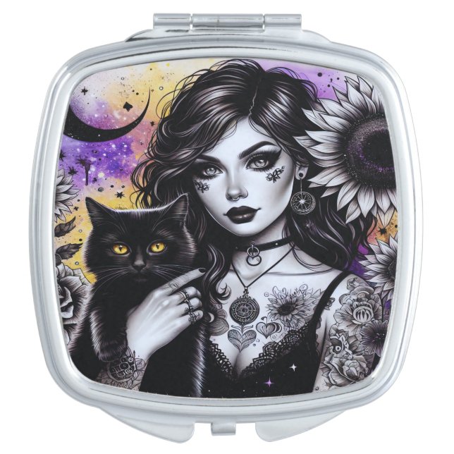 Celestial Gothic Witch and Black Cat Compact Mirror (Front)