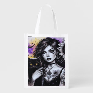 Celestial Gothic Witch and Black Cat Grocery Bag