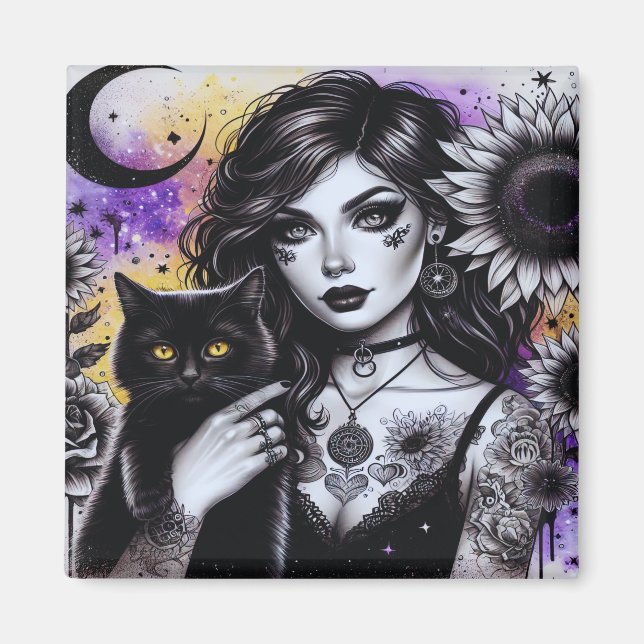 Celestial Gothic Witch and Black Cat Magnet (Front)