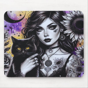 Celestial Gothic Witch and Black Cat Mouse Pad