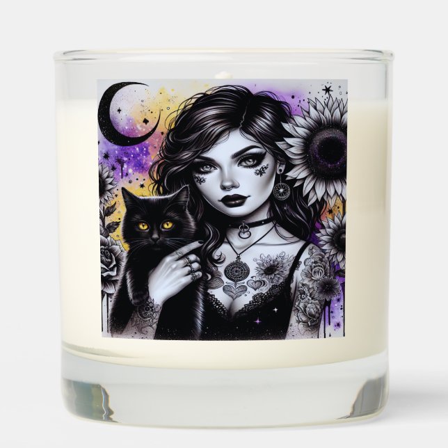 Celestial Gothic Witch and Black Cat Scented Candle (Front)