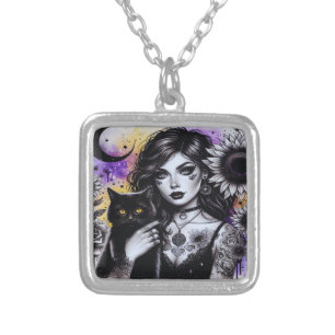 Celestial Gothic Witch and Black Cat Silver Plated Necklace