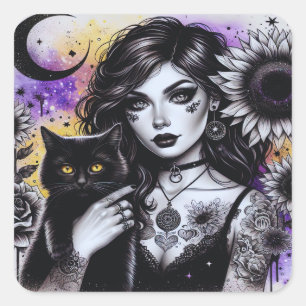 Celestial Gothic Witch and Black Cat Square Sticker