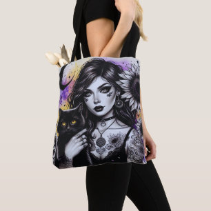 Celestial Gothic Witch and Black Cat Tote Bag