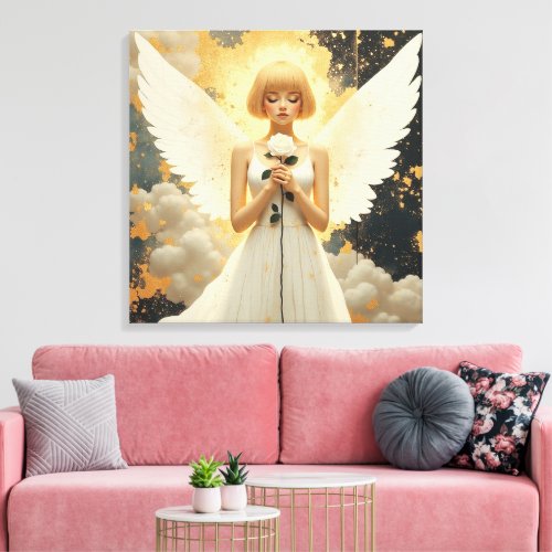 Celestial Grace | Pretty Angel and Rose Canvas Print