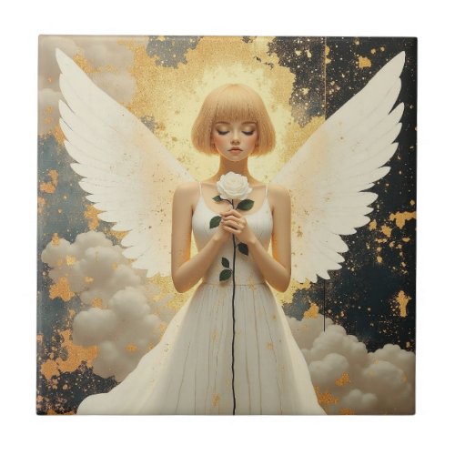 Celestial Grace | Pretty Angel and Rose Ceramic Tile